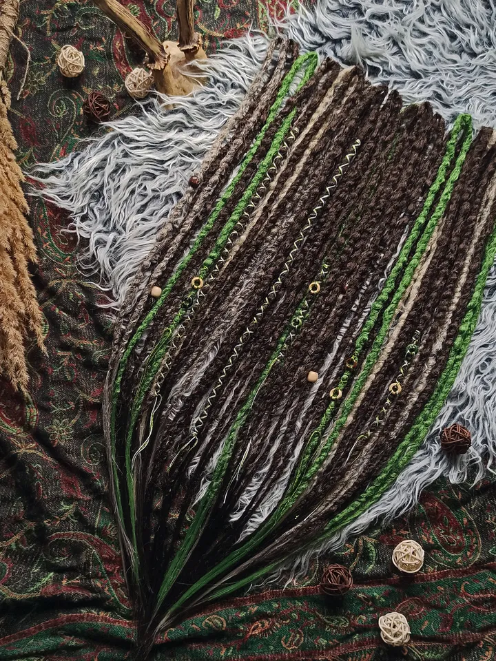 Boho Viking Dreadlock Extensions Handmade Brown Green White Faux Dreads Single or Double Ended with Beaded Wraps Boho Chic Hair Accessories