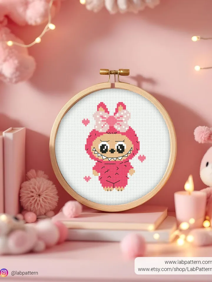 Cute Pink monster with bow Cross stitch pattern PDF, Small Cross stitch, Kawaii, beginner counted, Tiny modern chart, gift DIY, embroidery