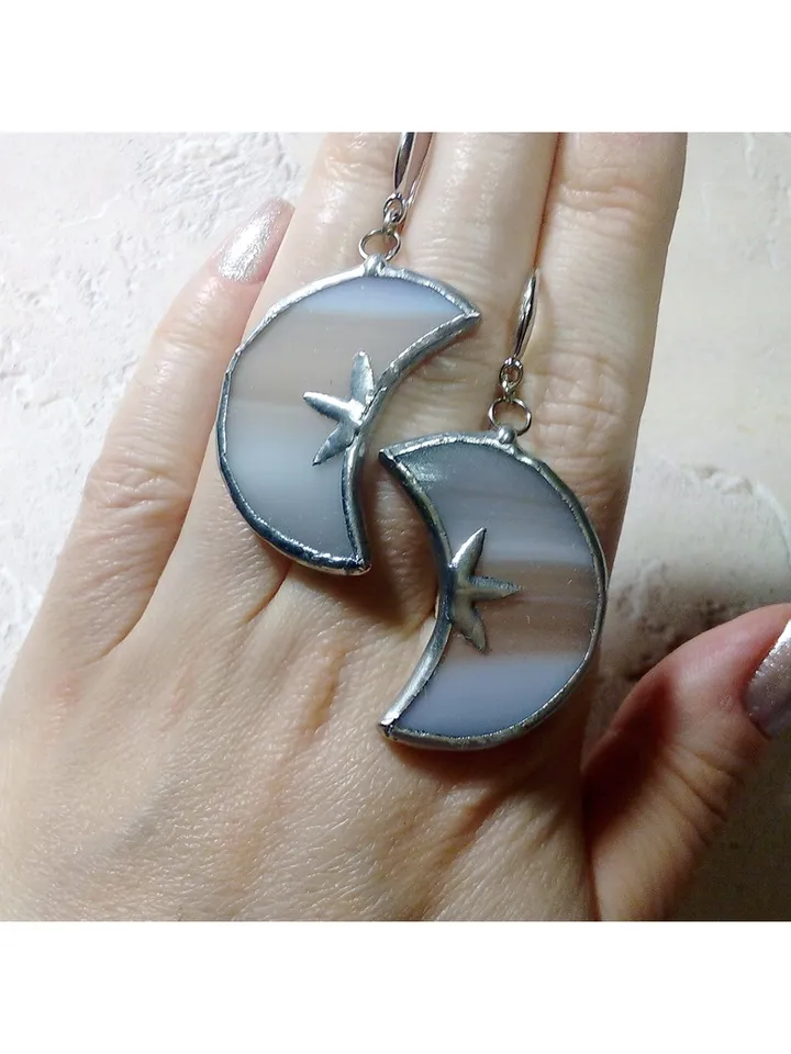 Glass crescent earrings, Moon and stars, Witchy goth aesthetic, Tin soldered moon earrings, Halloween, Witch earrings