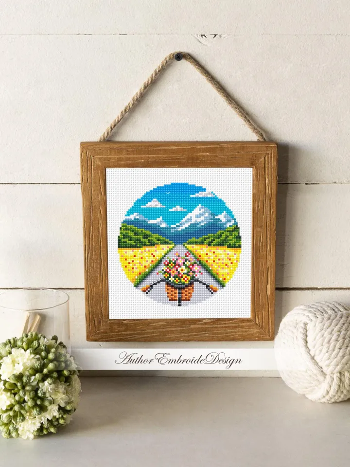 Bicycle with flowers cross stitch pattern PDF download Mountain landscape cross stitch chart Nature pattern digital, Flower basket bike #L13