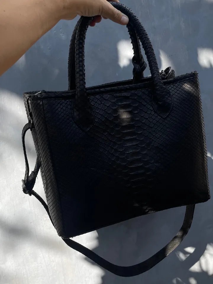 Genuine python skin big classy black bag / elegant women purse / designer leather bag / exotic leather bags