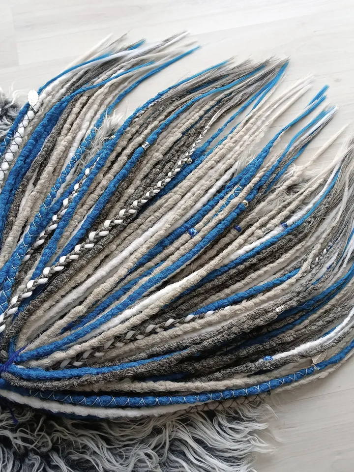 Winter set, Dreadlock extensions White grey blue dreadlock extensions. Synthetic Double Single Ended Viking Fishtail Braids Jewelry