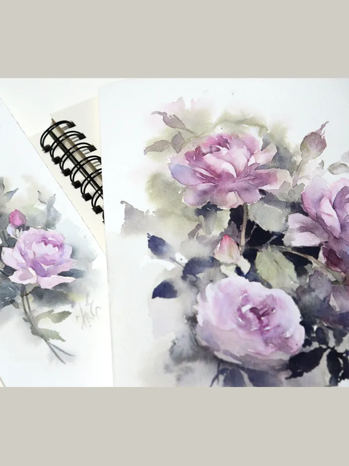 Novalis roses Painting Original watercolor art Lilac roses by Yulia Evsyukova
