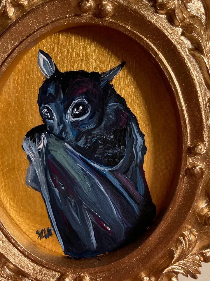 Bat Painting Original Framed Small Oil Painting Gold Frame