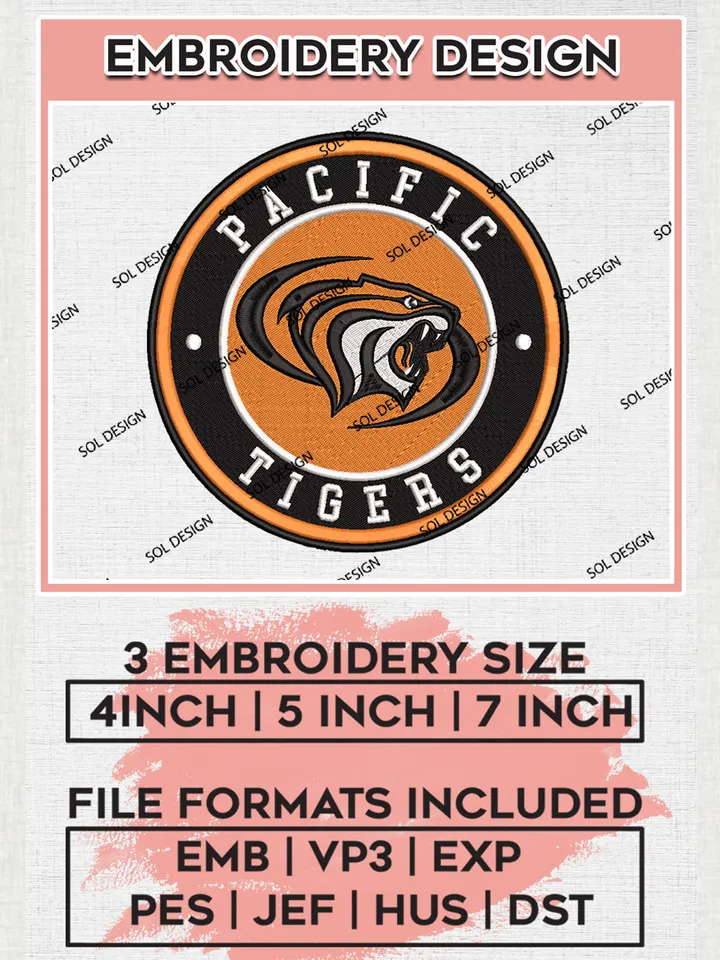 NCAA Pacific Tigers Round Logo Embroidery, NCAA Pacific Tigers Embroidery Design files, NCAA Teams, NCAA Machine embroidery designs, Digital Download