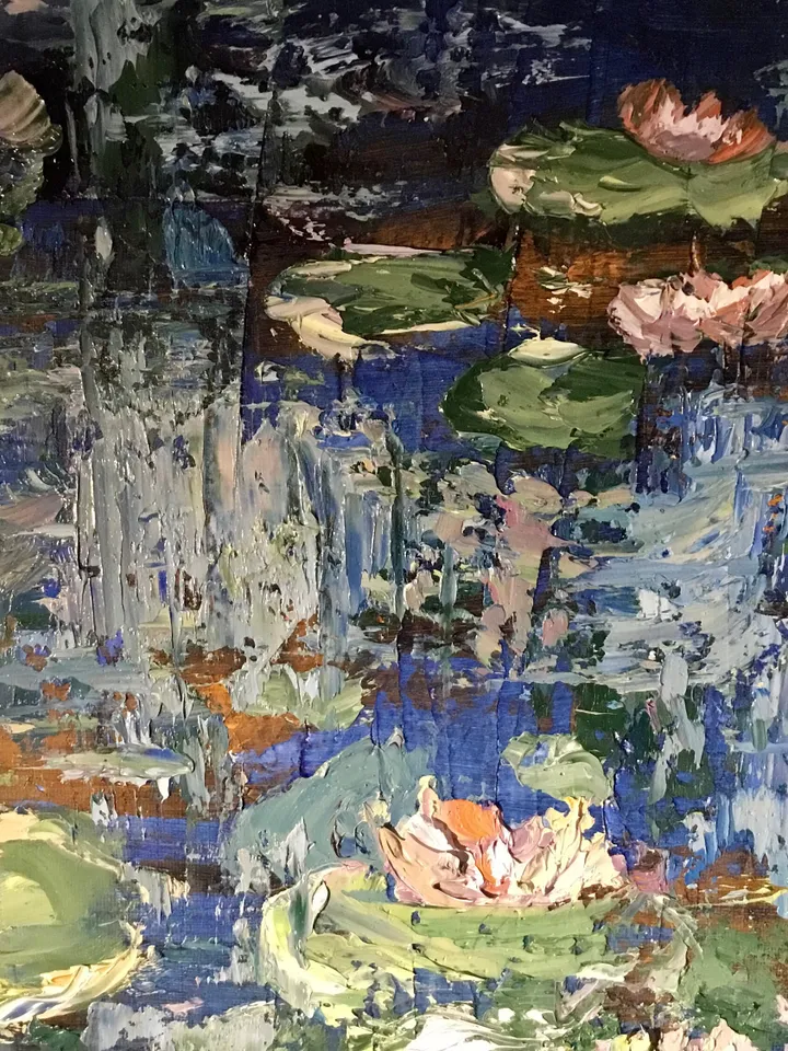 Waterlillies original oil painting on stretched canvas,textured impasto painting,pond of waterlilles,impressionistic,wall hanging,gift.
