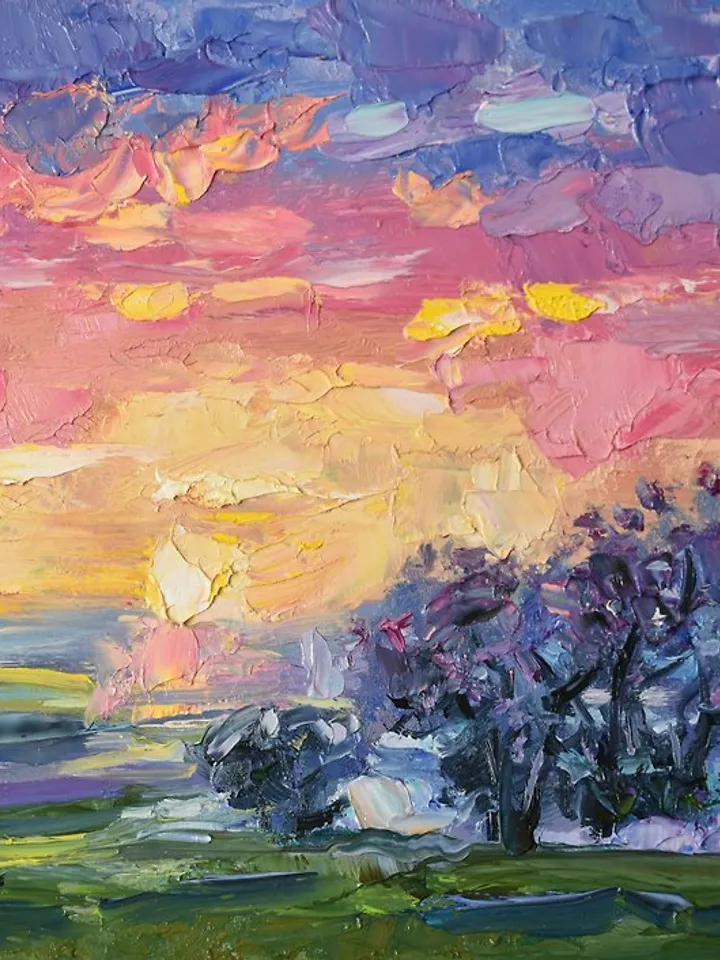 Landscape Original Painting Impressionism Art Trees Sky Sunset Artwork