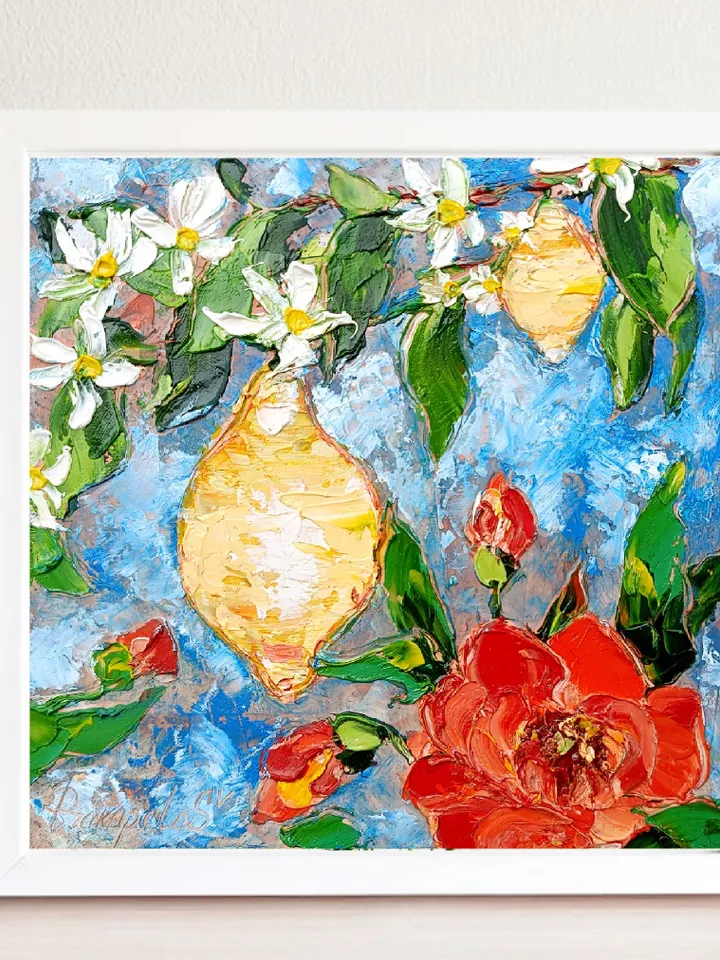 Lemon Painting Fruit Original Art Impasto Oil Painting Christmas Gifts Italy Poppy Small Artwork 6 by 6 by Art ProkopaloSv