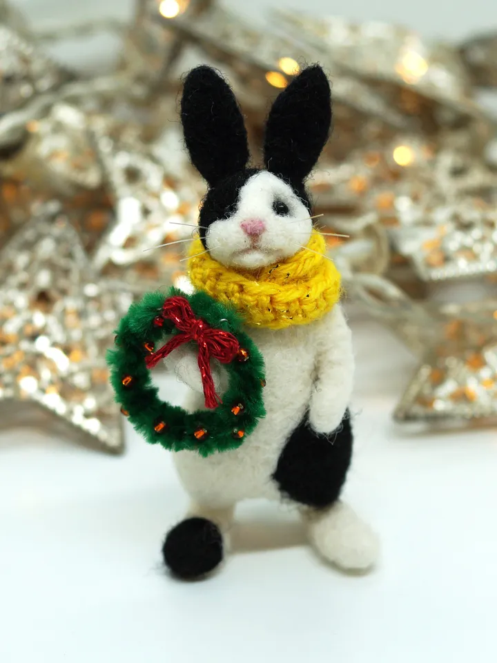 Cuddles the rabbit, needle felted black and white rabbit, Christmas gift, ships from the US