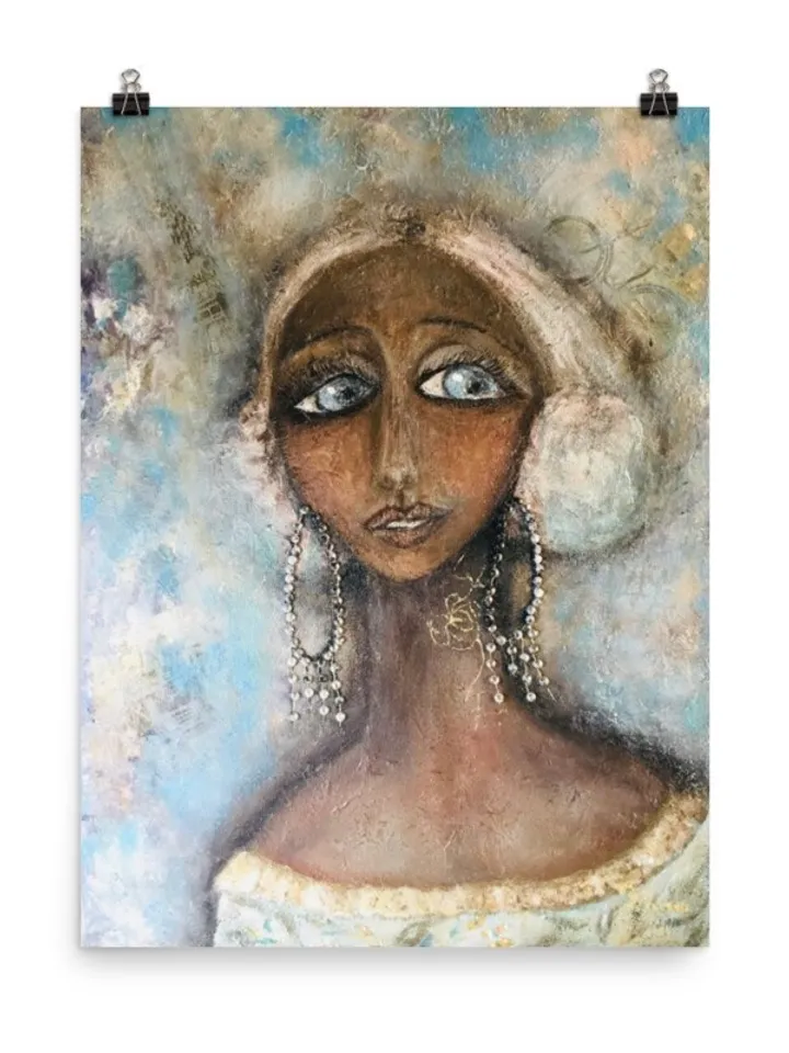 Katherine doll in Paris Photo paper poster made from my original unique mix media artwork, fantasy doll painting .