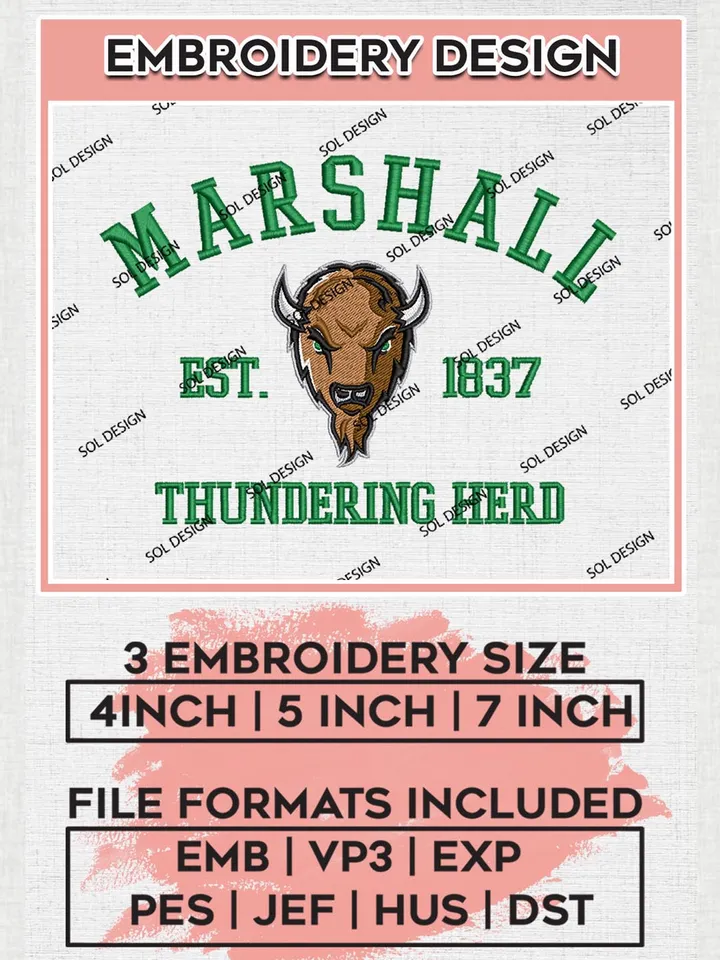 Marshall Thundering Herd Est 1837 Logo Embroidery Designs, NCAA Marshall Thundering Herd Team Embroidery, NCAA Team Logo, 3 sizes, Machine embroidery Files, Digital Download
