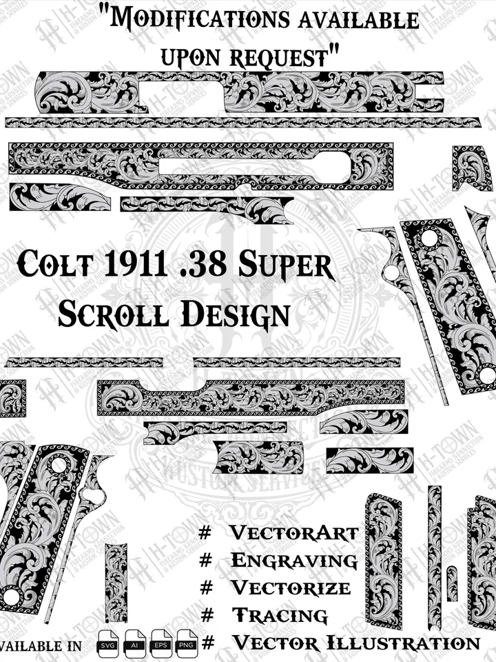 Colt 1911 .38 Super Scroll Engraving Design: Full Pistol Vector Art (Digital Download