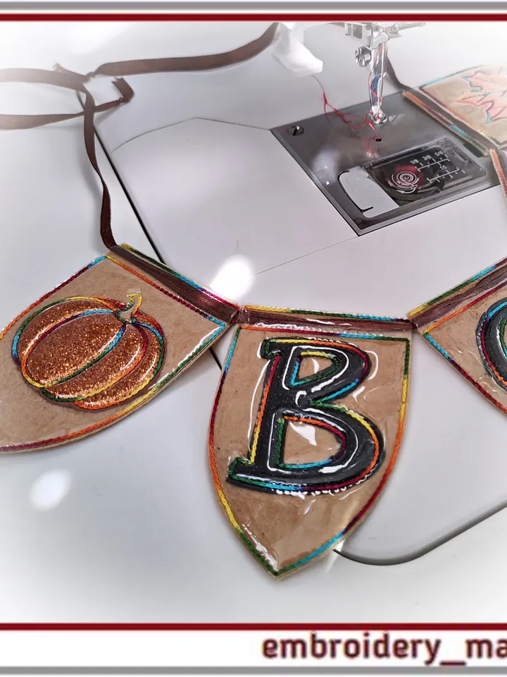 Set of In The Hoop designs pendants with ‘BOO’ maple leaf pumpkin bat embroidery Applique