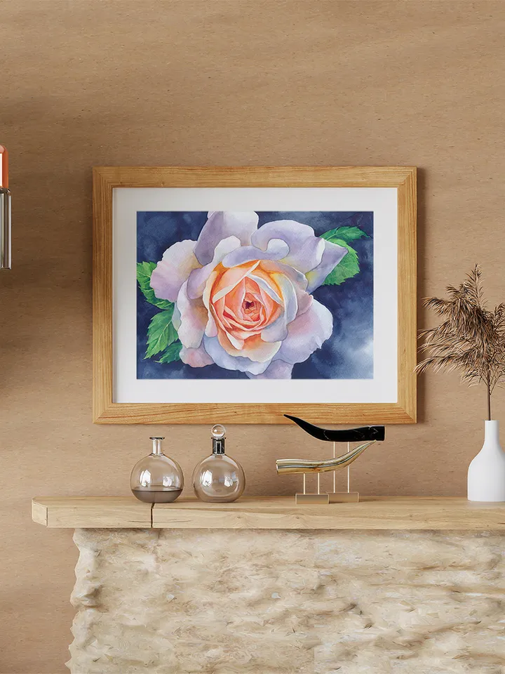 Rose on a blue background Watercolor painting for printing Digital file Large poster