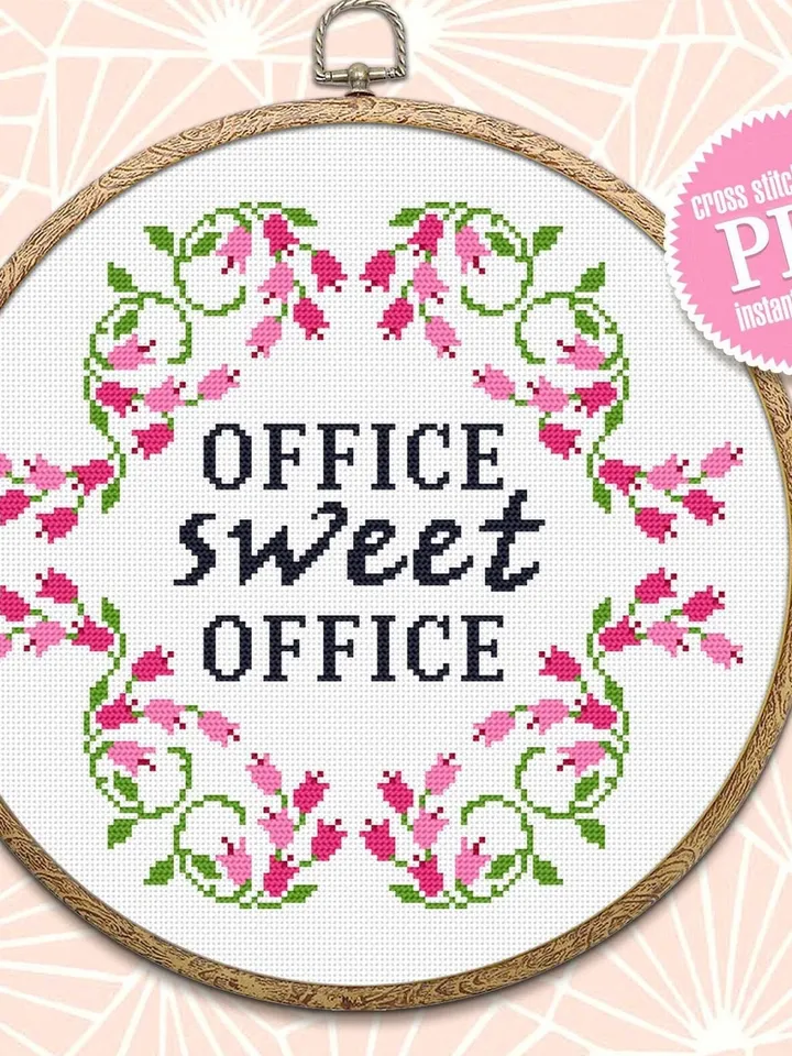 Framed quote cross stitch pattern Office sweet office instant download PDF, Flower wreath cross stitch chart, DIY Home office decor #Q26