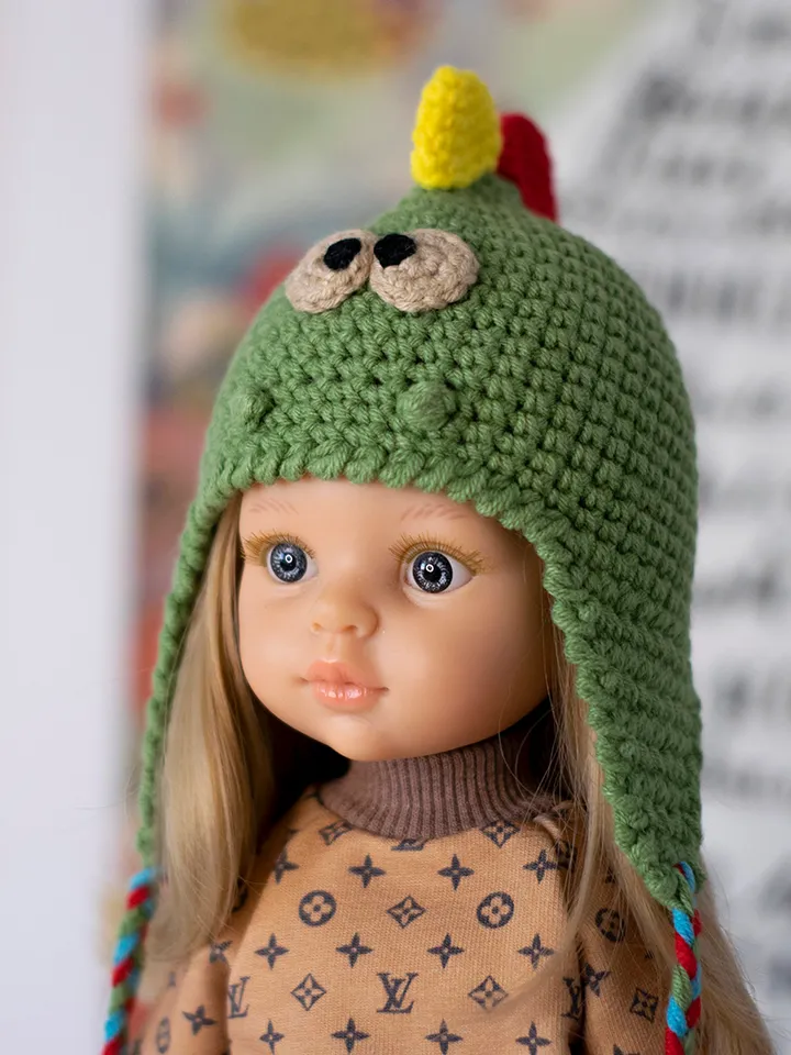 Crocheted Dinosaur hat for 13" dolls Paola Reina, Meadowdolls Dumplings, Little Darling, Siblies RRFF for Halloween