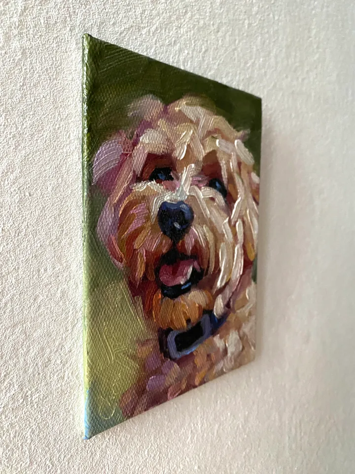 Dog oil painting original, Pet portrait artwork, Animal miniature wall art 4x6