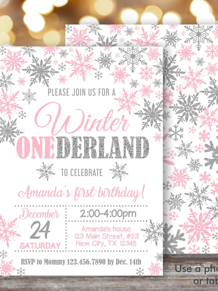 Winter Onederland Invitation Girl 1st Birthday Invitation, Winter Wonderland Birthday Invitation, First Birthday Snowflake Editable Template