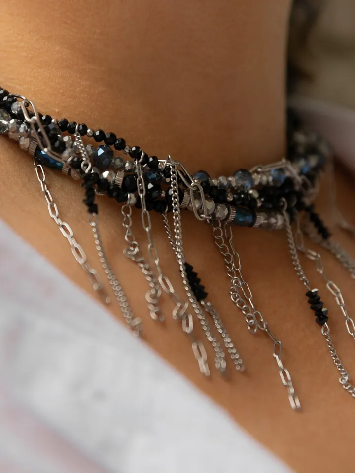 Colorful neclace made of glass beads and chains Silver black blue Jewelry