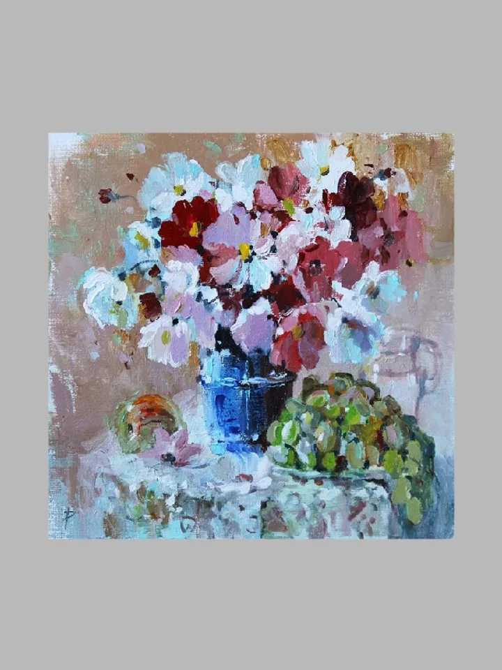 Oil painting red and white cosmes and grapes. Still life 7.8x7.8" Canvas on cardboard.