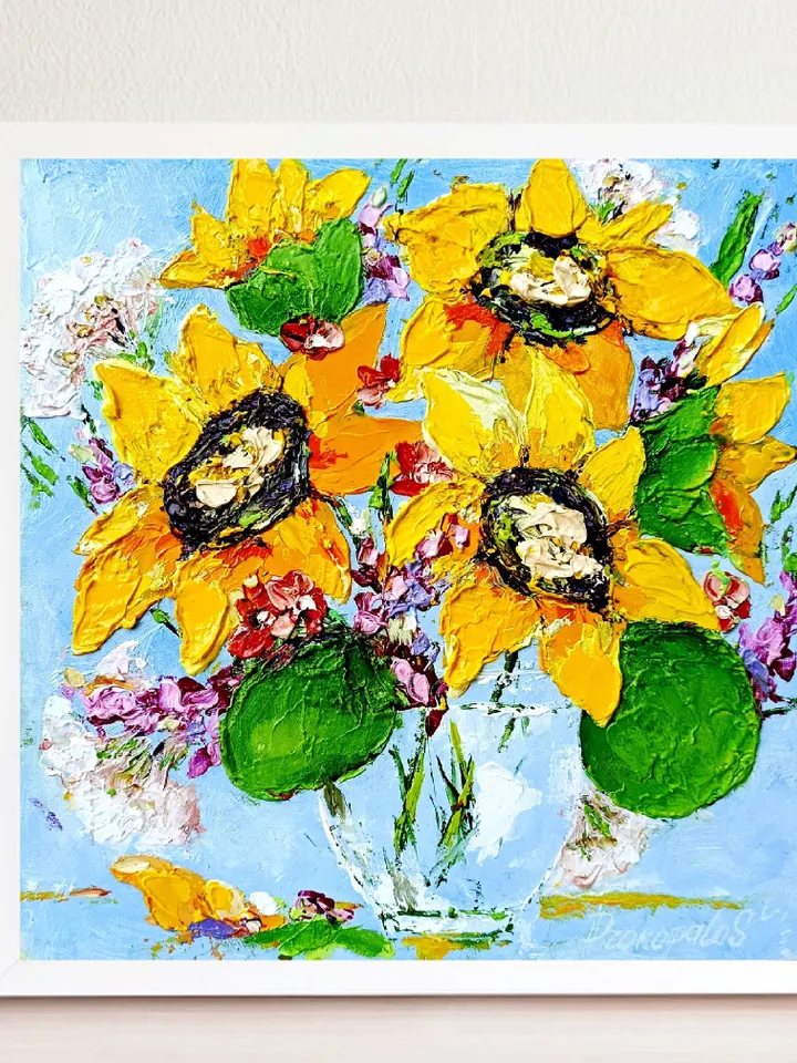 Sunflower Painting Original Art oil painting Floral Sunflowers Artwork Still Life Flowers Small Painting 8 by 8" by ArtProkopaloSv