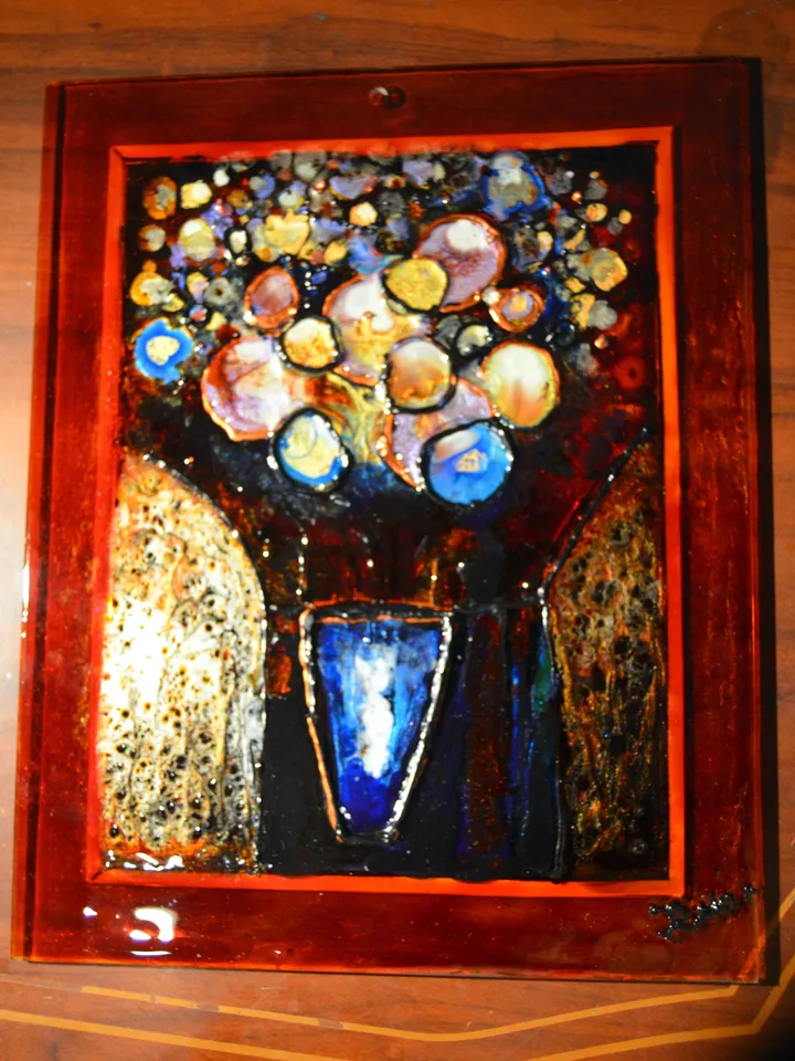Flowers in a vase suncatcher, flowers painting on glass ,fantasy glass painting, double side painted glass panel, unique gift, home decor