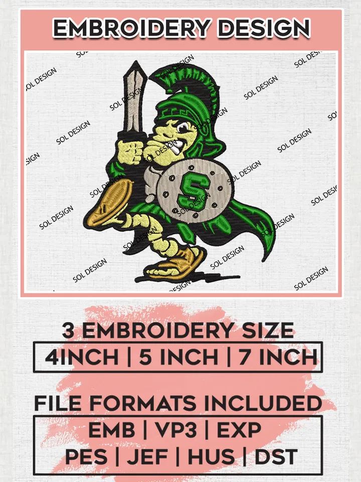 Michigan State Spartans Team Funny Mascot Logo Embroidery Design Files, NCAA Michigan State Spartans Machine Embroidery, NCAA Teams, 3 sizes, NCAA Machine embroidery designs, Digital Download