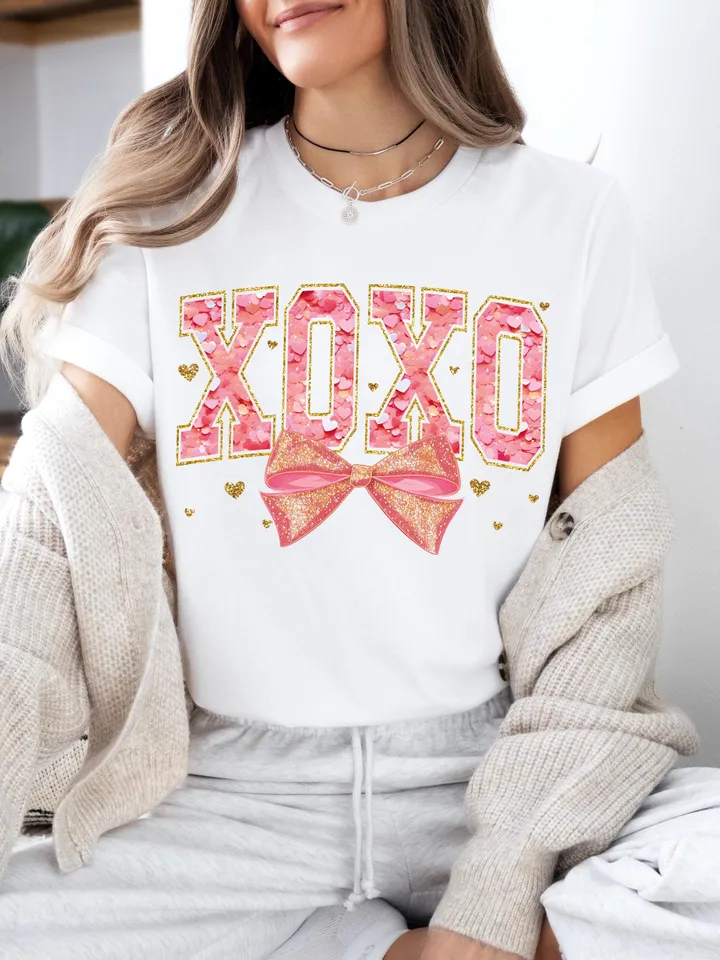 Valentine XOXO Coquette Sparkly Glitter Png, Valentines Day Shirt Design, Valentines Day PNG, Xoxo PNG, Pink Faux Sequins Valentines Png