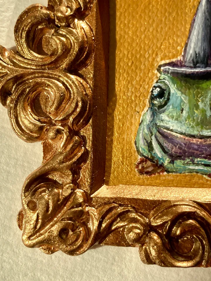 Framed Frog Painting Original Witch Frog Artwork Amphibians Art Tiny Oil Painting