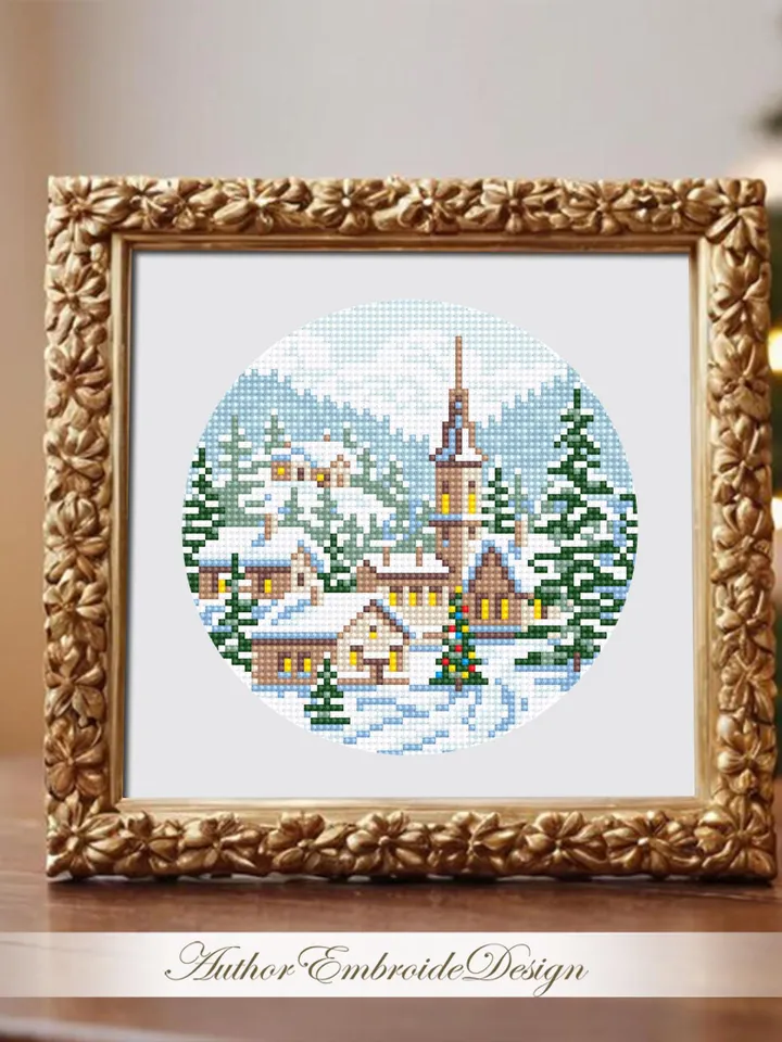 Christmas village cross stitch pattern PDF download Winter landscape cross stitch, Christmas pattern digital PDF, Small snow landscape #N170