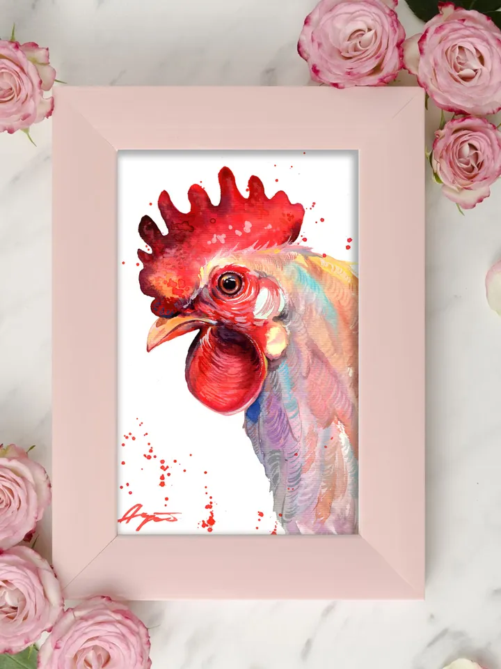 Rooster original watercolor, birds painting, wall decor, 7x10 in art for bird lovers by Anne Gorywine