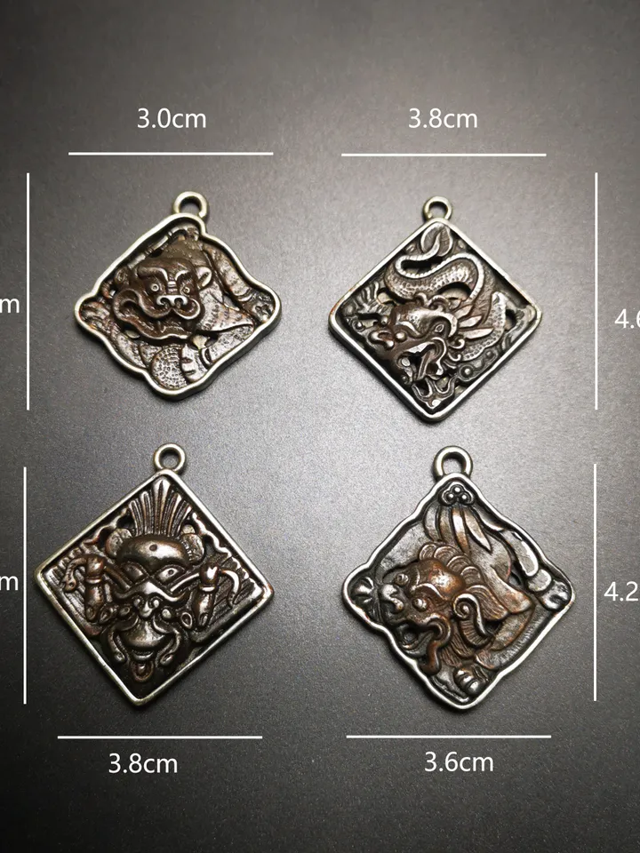 Gandhanra Antique Tibetan Buddhist Amulet,the Four Dignities-Garuda,Tiger,Dragon,Snow Lion,Buddhist Talisman,Inlaid with Sliver