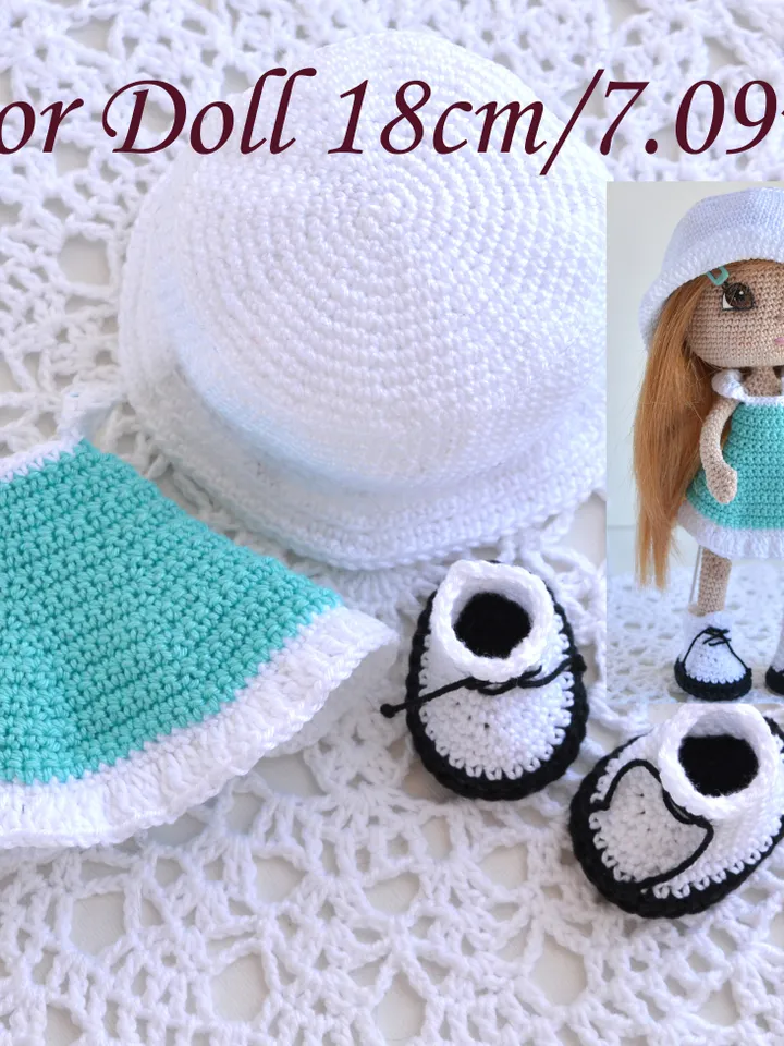 Crochet Doll Clothes Pattern, Outfit for Doll of 18 cm tall (English PDF), crochet doll dress pattern, dress amigurumi doll, dress pattern doll, clothes crochet doll, crochet boots and panama, doll clothes set