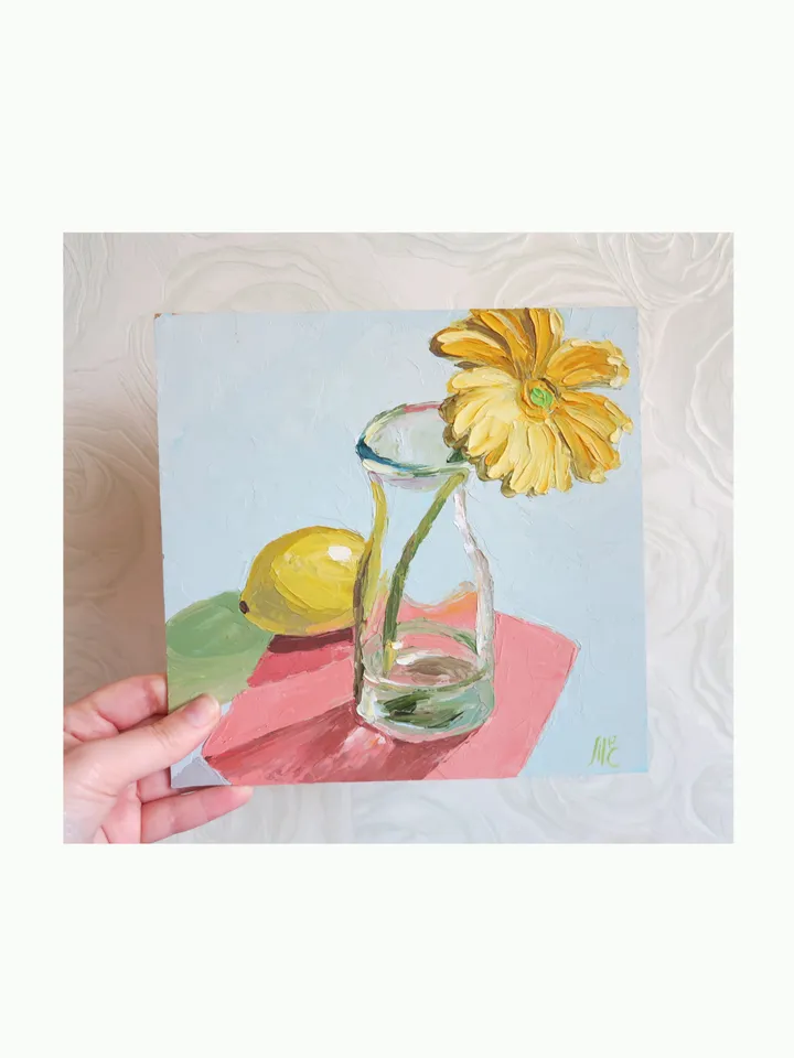Original Small Oil Painting Still Life Yellow Flower and Lemon Artwork Lemon and Yellow Blossom Decor