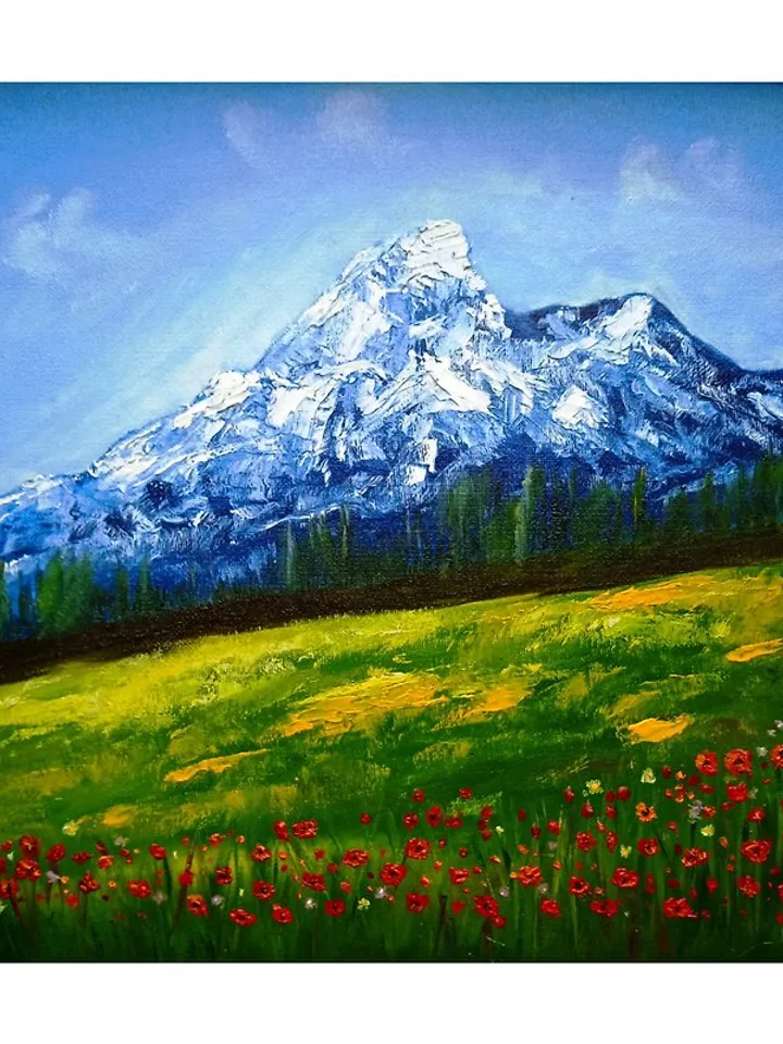 Landscape Rocky Mountains Red Poppies Flower Fields Original Oil painting