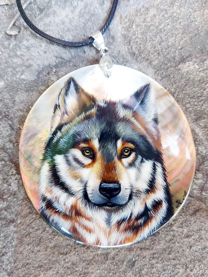 Pearl pendant necklace: Wild Wolf painted on dainty jewelry pendant. Statement unisex necklace for nature lovers. Stylish wilderness spirit
