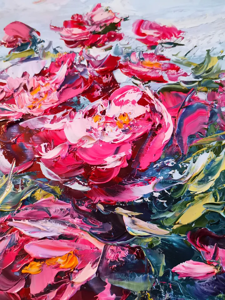 Oil Painting Peony Flowers Bushes Landscape Impasto Original Artist Svinar Oksana