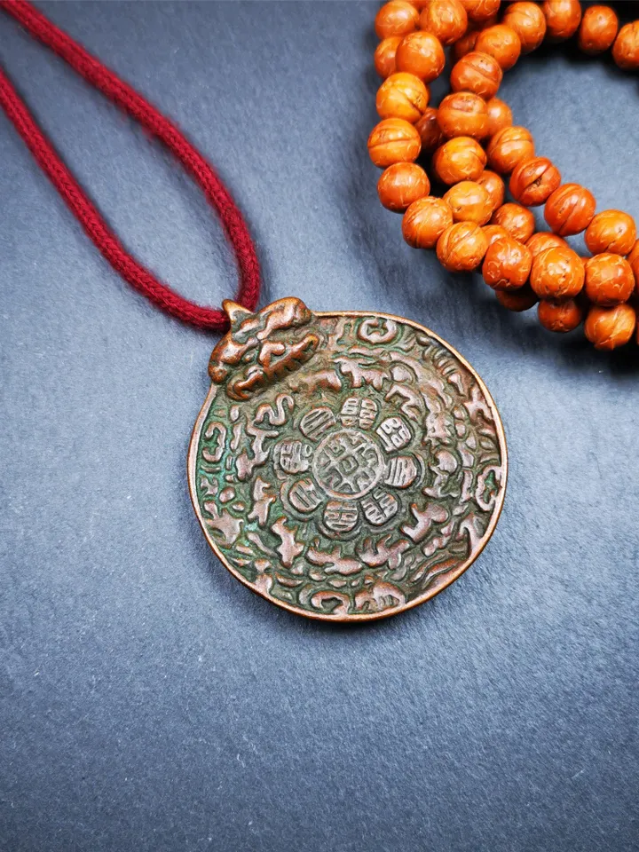 Gandhanra Acient Tibetan Buddhist Amulet,Melong Mirror,Calendar Badge,SIPAHO(srid pa ho),Unique 2 Sided Pattern,1.89&quot;