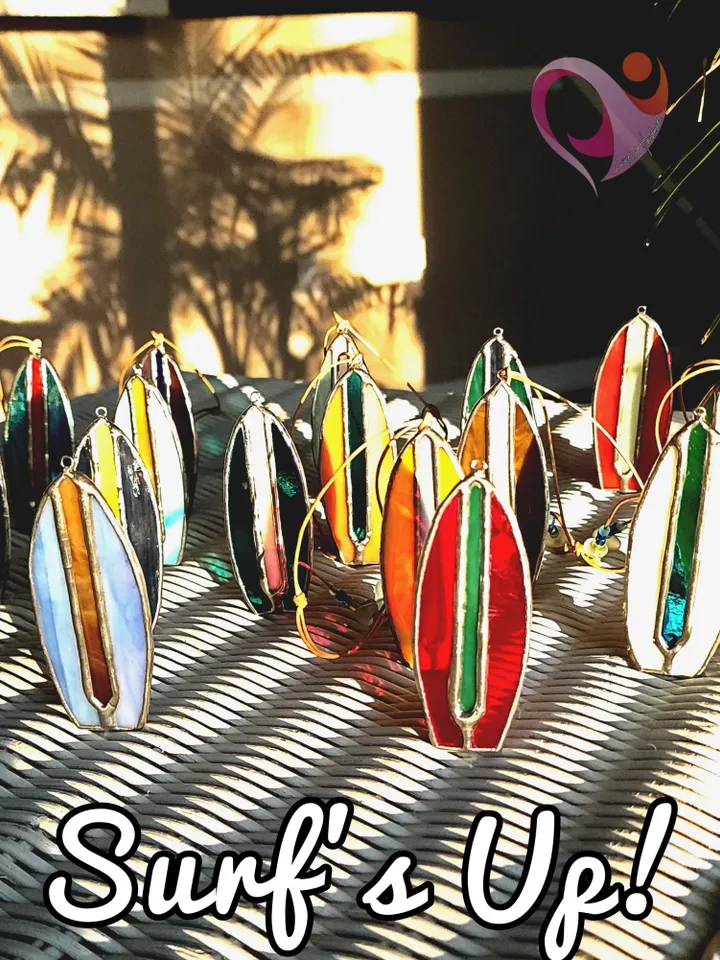 Real Stained Glass Surfboard Pendant Car Charm Mini Suncatcher for Rear View Mirror Cute Bag or Purse Charm Accessory Strong and Unique