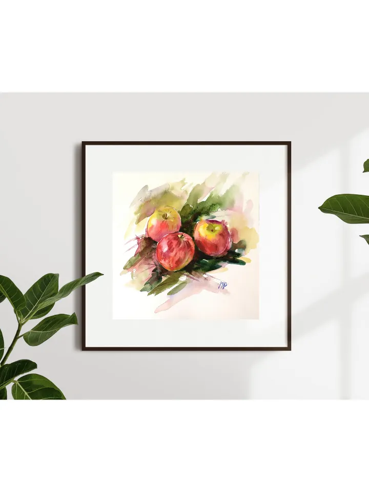 Apple Painting Fruit original art Three Red Apples watercolor wall art Apples artwork by Natalia Plotnikova
