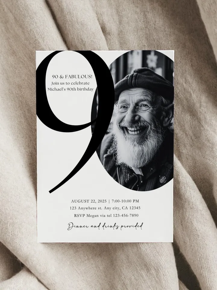 90th Birthday Party Invitation Card, Look Who's 90, Editable 90th Birthday Card Template, Printable Minimalist Birthday Photo Card Canva