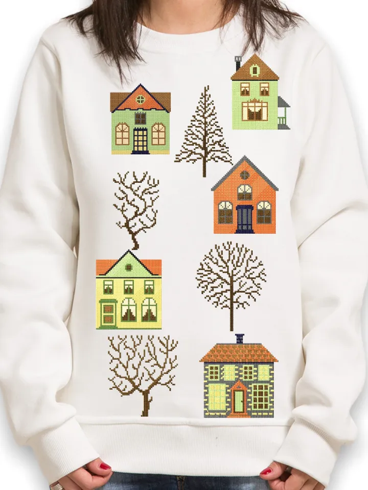 Сross-stitch constructor set machine embroidery design houses and trees digital embroidery patterns embroidery motif home and clothing decor