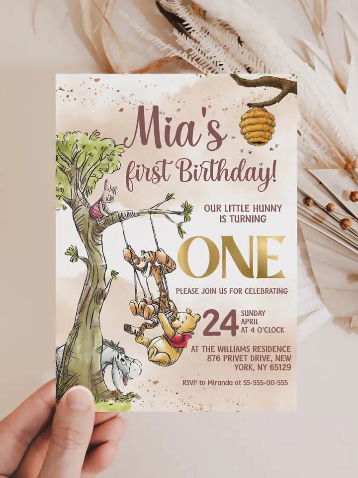 Classic Winnie Pooh Baby Birthday Invitation; Winnie Pooh Baby Birthday ; Greenery Baby Birthday; Honey Bear Birthday; Winnie Pooh wp6
