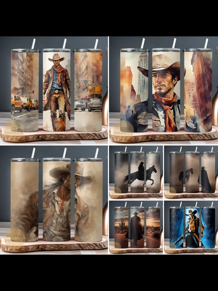 10 Western Cowboy 20 Oz Tumbler Wraps png Bundle, Cowboy and Cowgirl Bundle Sublimation Tumbler Designs png, Cowboy and Cowgirl on Horse