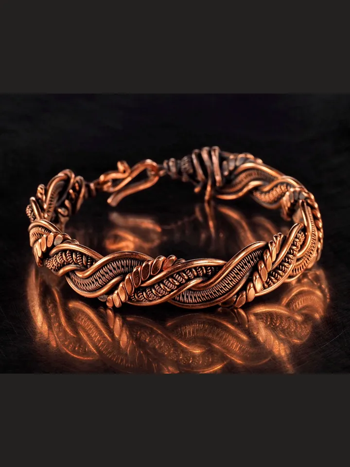 Wire wrapped bracelet, Unique 7th 22nd Anniversary gift idea, Art Nouveau antique style, One of kind braided statement bangle, Handmade oxidized pure copper jewelry, Pain relief, EMF protection