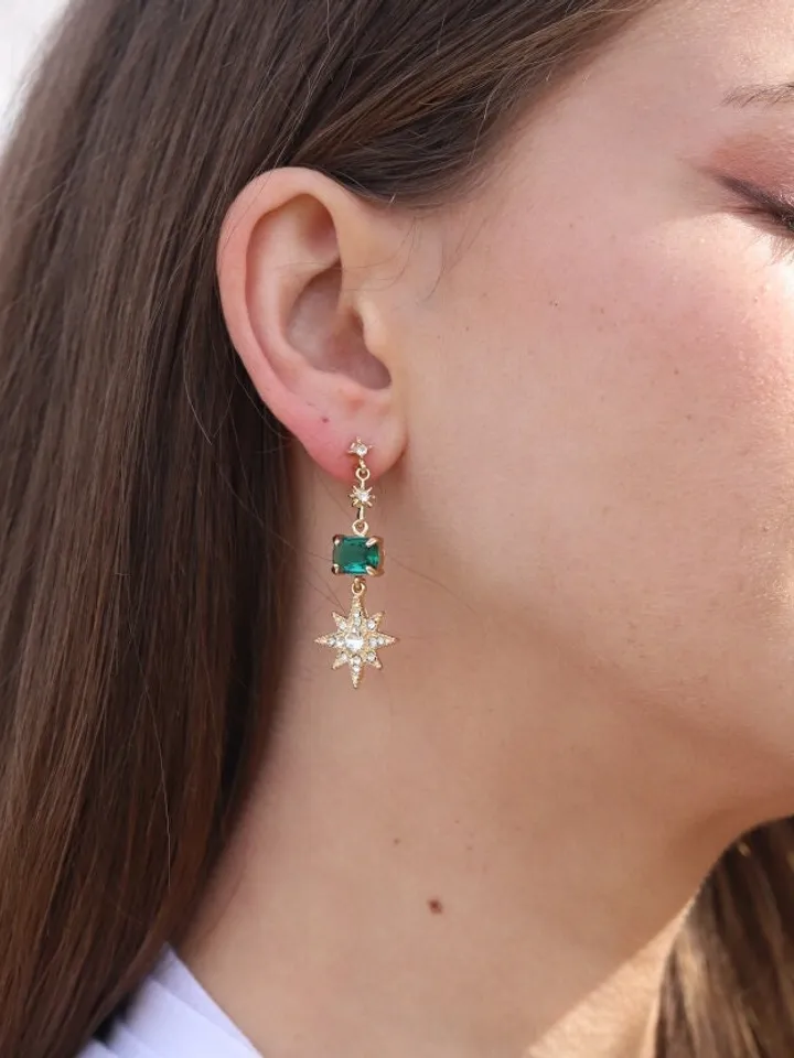 Emerald Gold Star Wedding Earrings, Moon Celestial Bridal Earrings, Boho Wedding Earrings, Statement Earrings, Wedding Jewelry