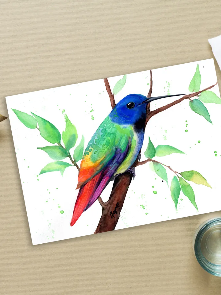 Colorful Hummingbird original watercolor, bird on the branch painting, colibri portrait wall decor, 8x11 in room art for bird lovers by Anne Gorywine