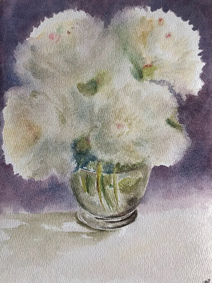 White pionies in vase wall art hand painted modern watercolour painting
