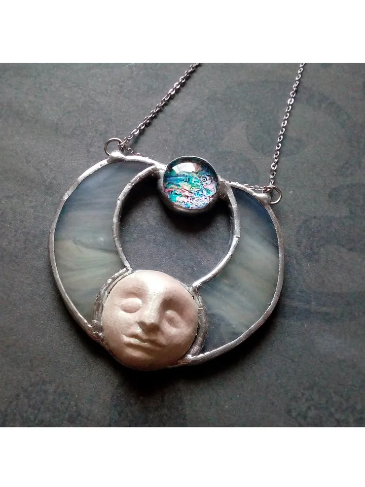 Stained glass moon, Moon Goddess, Moon phase necklace, Stainglass crescent, Full moon pendant, Moon face necklace