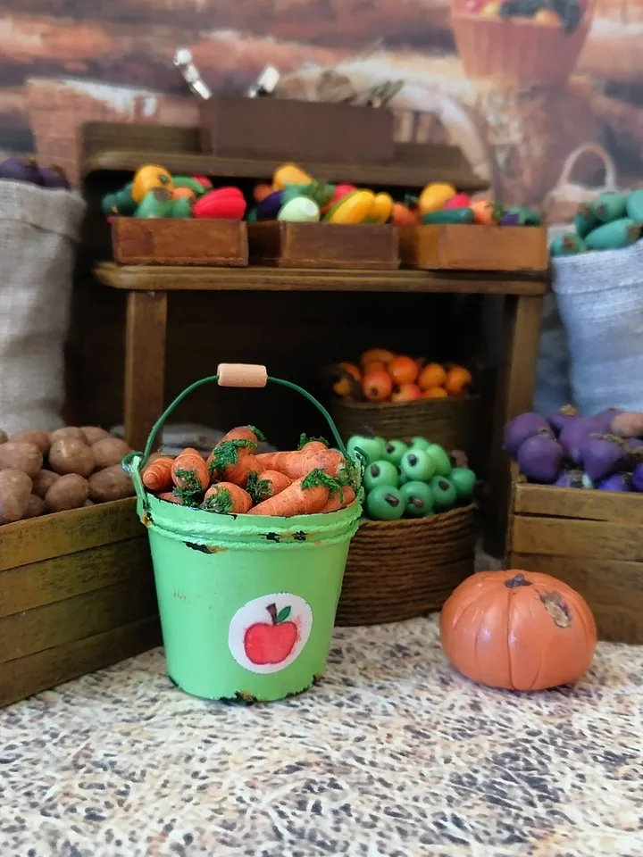 Bucket with carrots. Puppet miniature. 1:12. Doll garden.